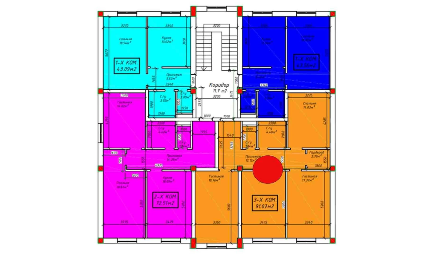 3-комнатная квартира 91.07 м²  3/3 этаж