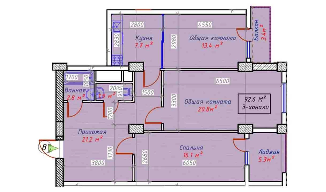 3-xonali xonadon 92.6 m²  16/16 qavat