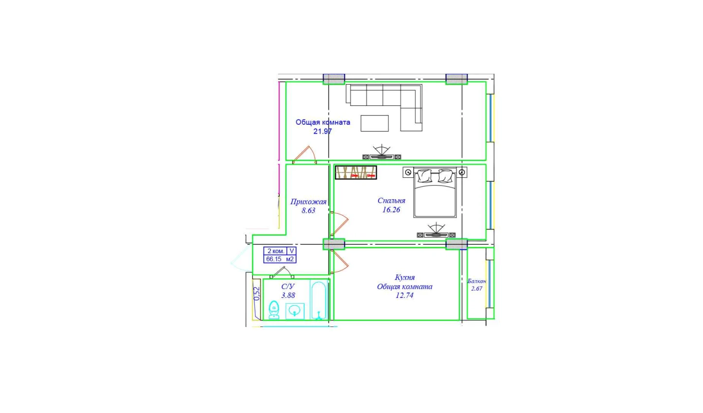 2-комнатная квартира 66.15 м²  4/4 этаж