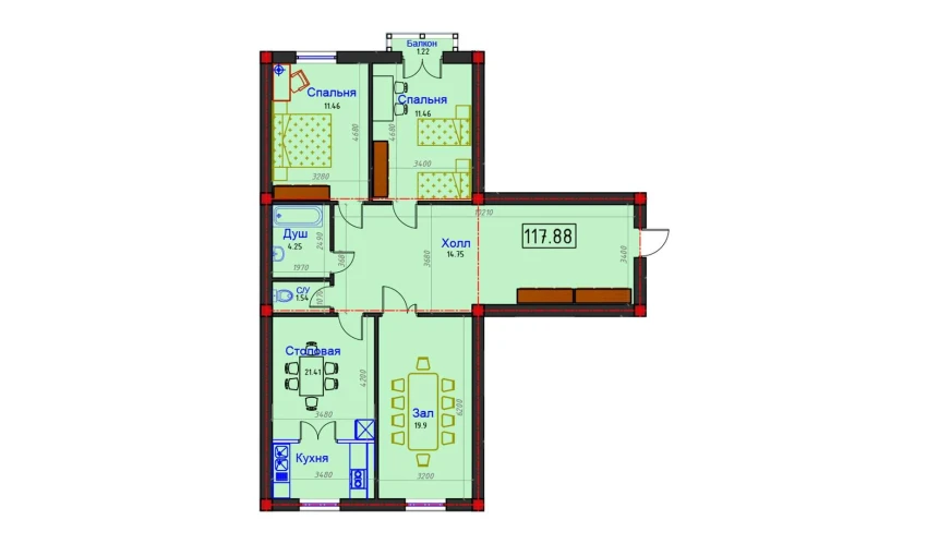 3-xonali xonadon 117.88 m²  7/7 qavat | AFROSIYOB Turar-joy majmuasi