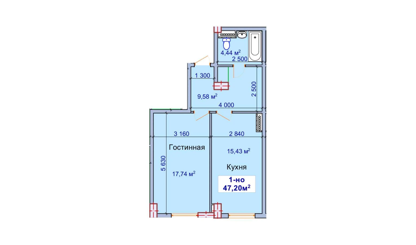 1-комнатная квартира 47.2 м²  1/1 этаж