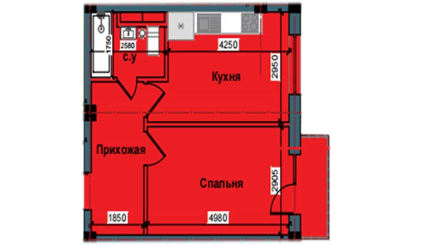 1-комнатная квартира 44.2 м²  3/3 этаж