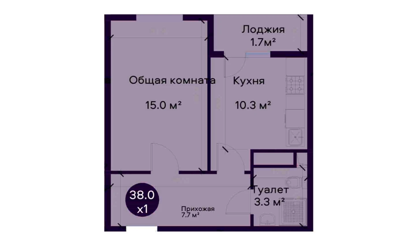 1-комнатная квартира 38 м²  2/2 этаж