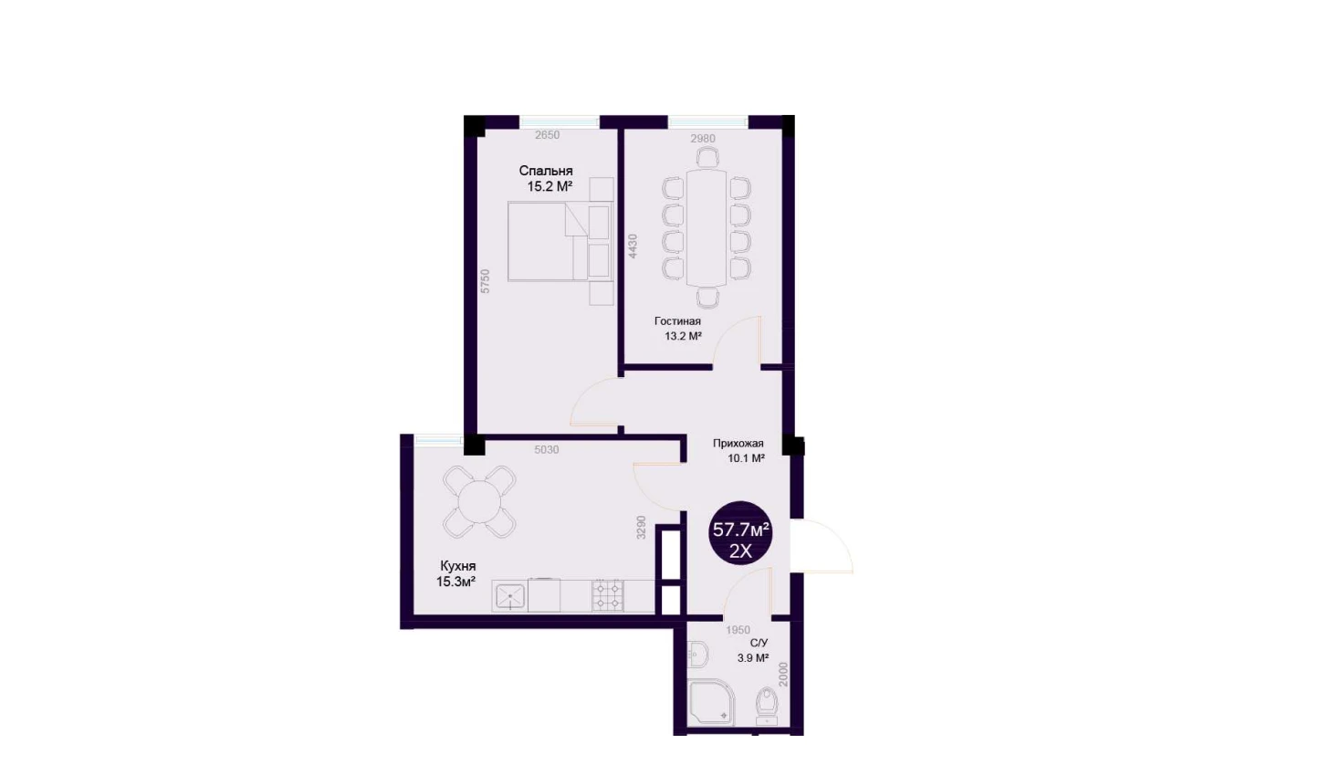 2-комнатная квартира 57.7 м²  7/7 этаж