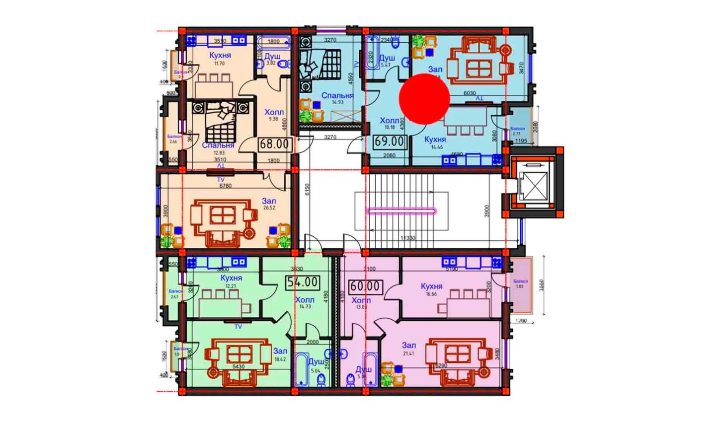 2-комнатная квартира 69 м²  7/7 этаж