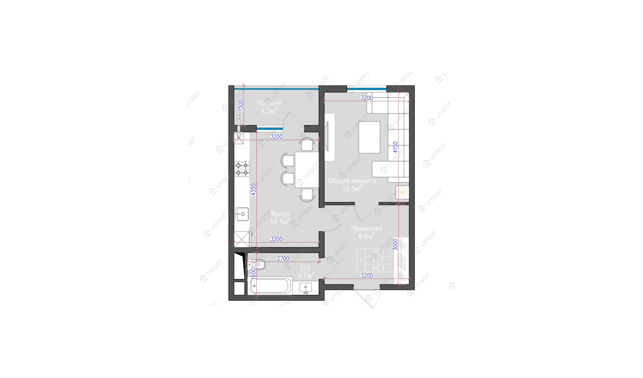 1-комнатная квартира 46.1 м²  2/2 этаж