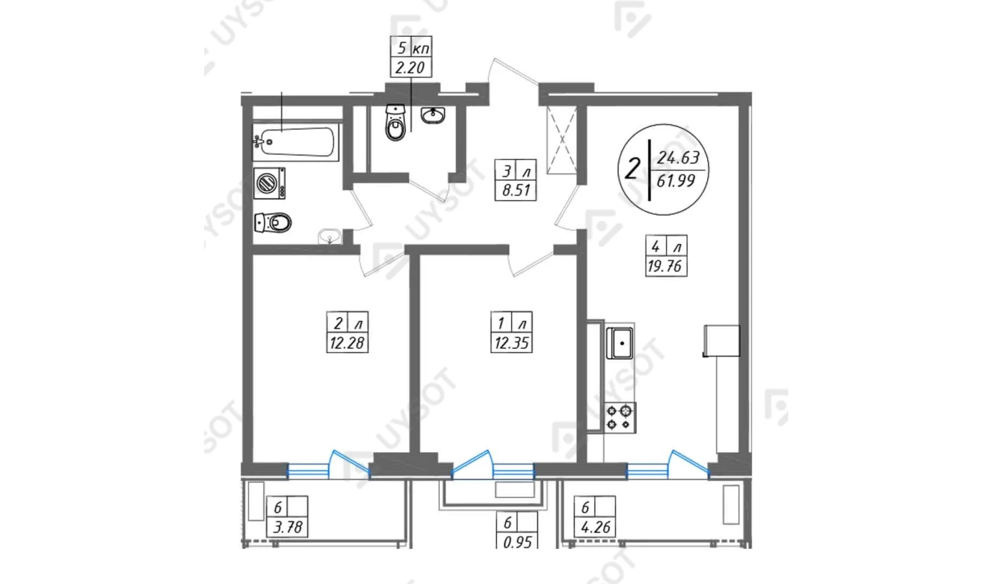 2-комнатная квартира 61.99 м²  3/3 этаж