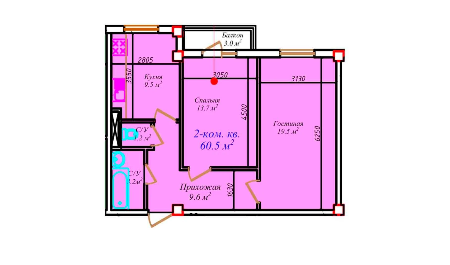 2-комнатная квартира 60.5 м²  7/7 этаж