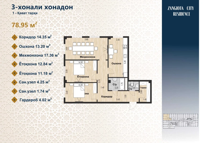 3-комн. квартира 78.95 м²  1/12 этаж | Жилой комплекс Zangota City 1 -ETAP