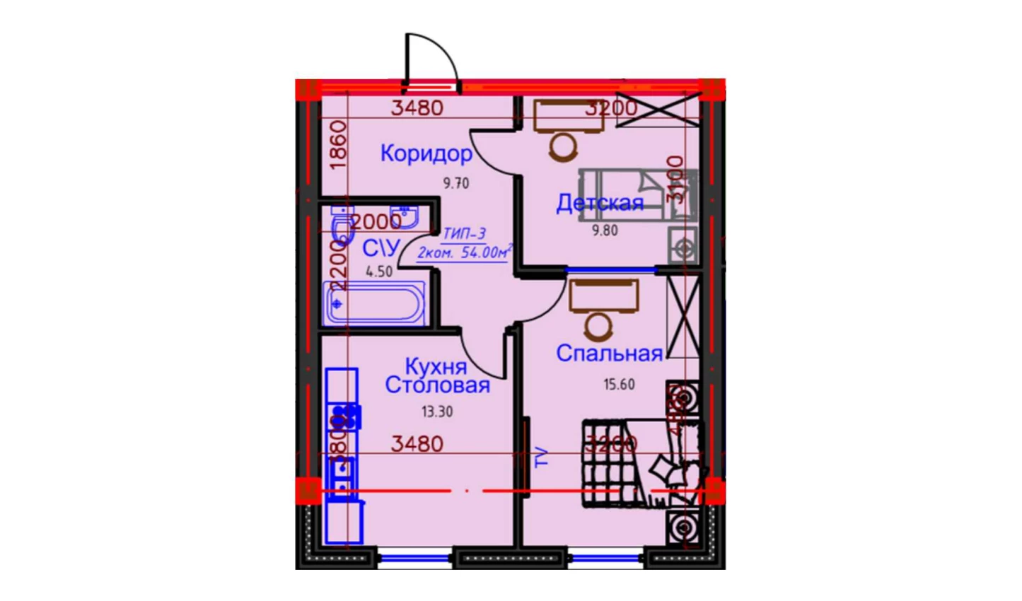 2-комнатная квартира 62 м²  9/9 этаж