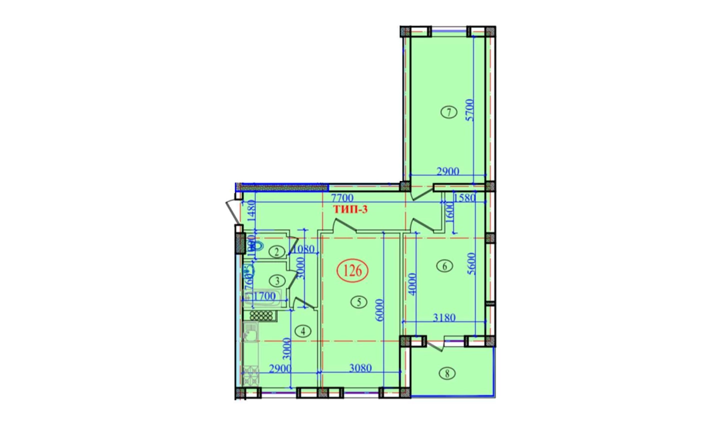 3-xonali xonadon 97.4 m²  8/8 qavat