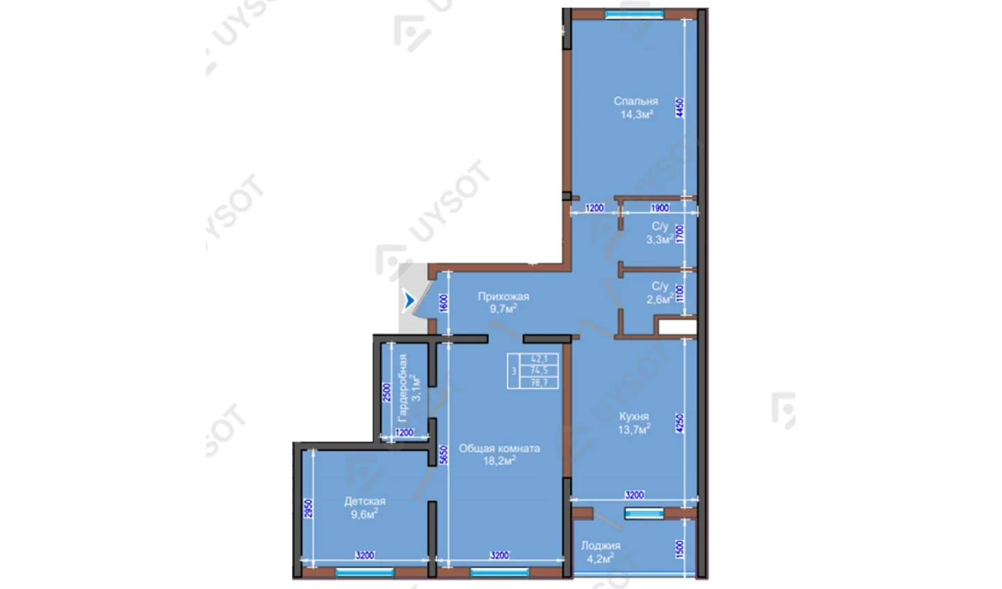 3-комнатная квартира 78.7 м²  2/2 этаж