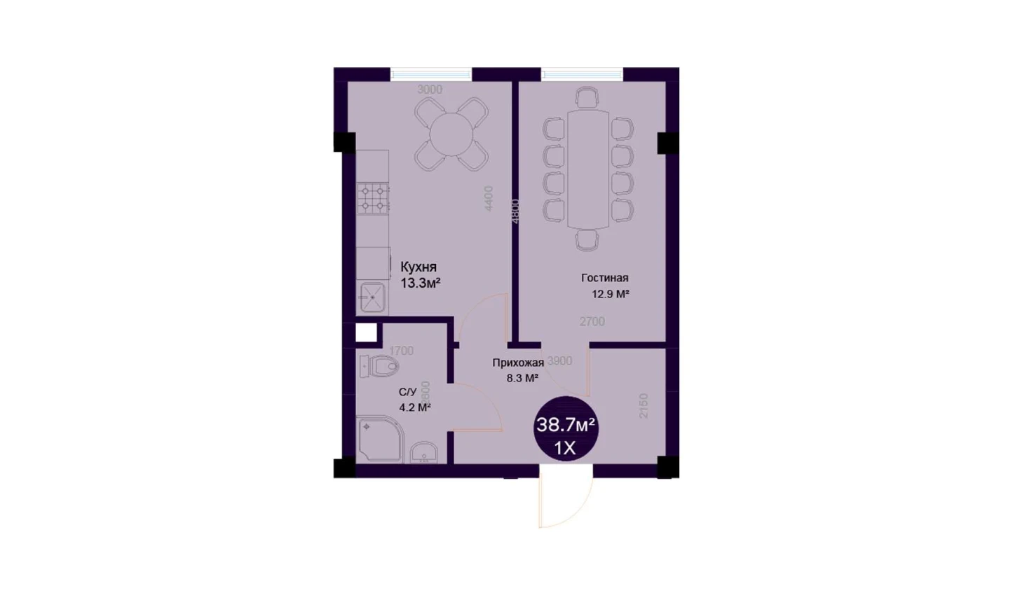 1-комнатная квартира 38.7 м²  1/1 этаж