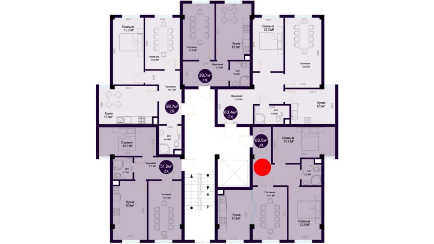 3-комнатная квартира 68.5 м²  1/1 этаж