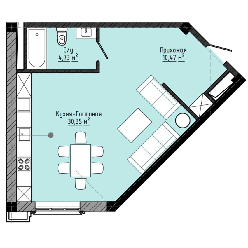 1-комнатная квартира 45.54 м²  7/7 этаж