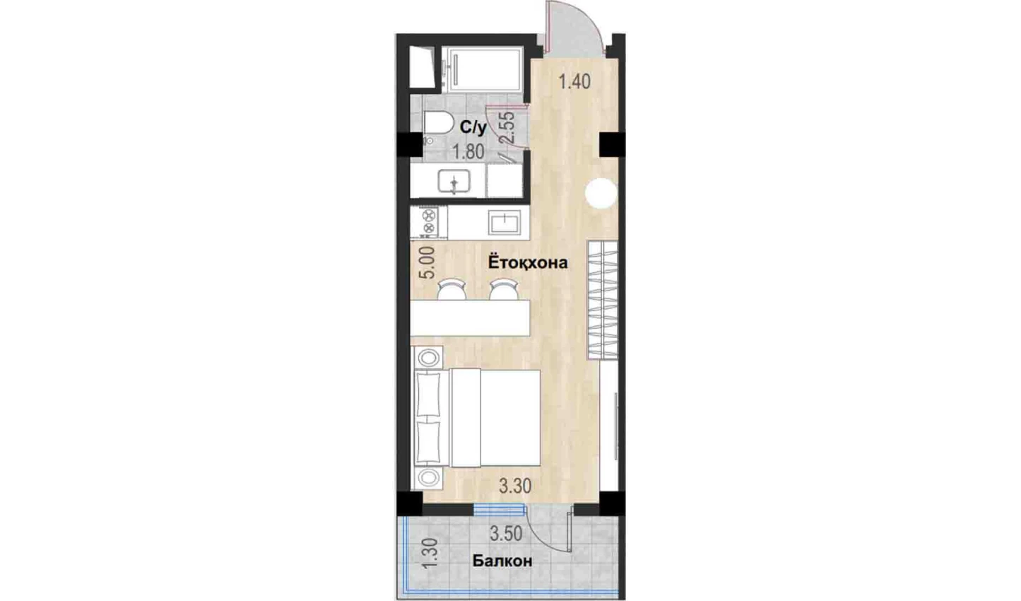 1-xonali xonadon 28.75 m²  5/7 qavat | Bochka Resort Turar-joy majmuasi