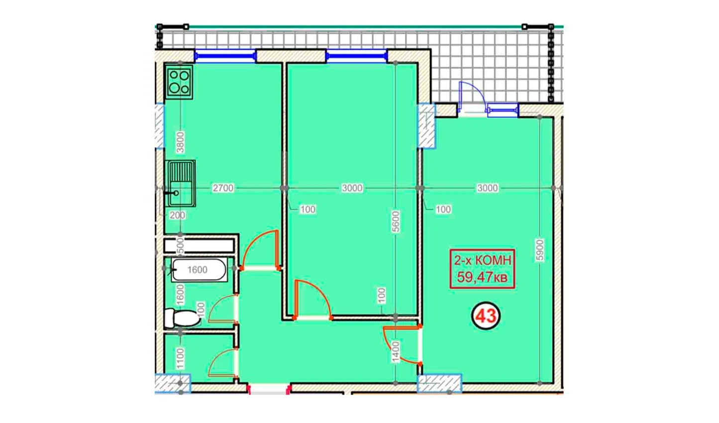 2-комнатная квартира 59.47 м²  2/2 этаж