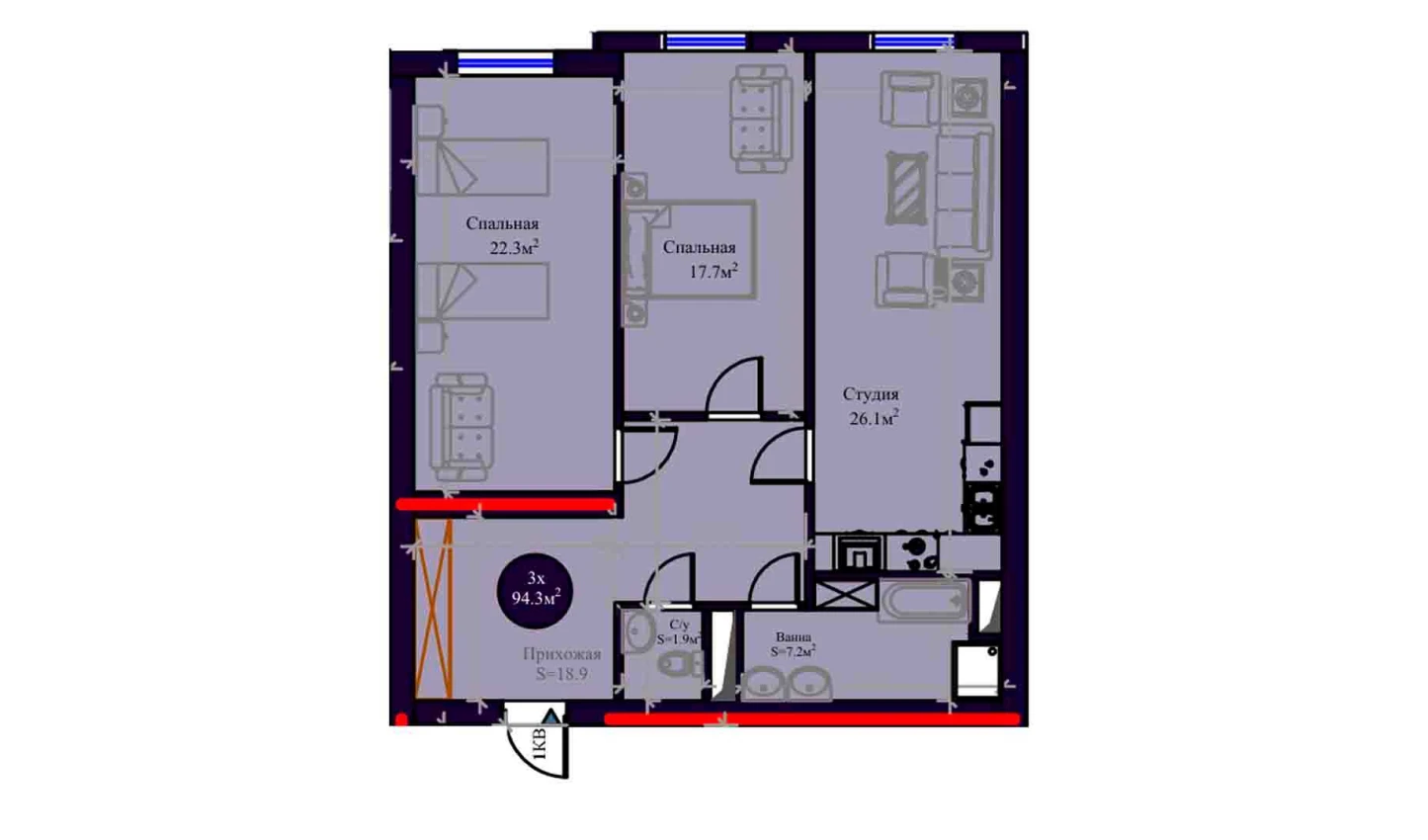 3-комнатная квартира 94.3 м²  11/11 этаж