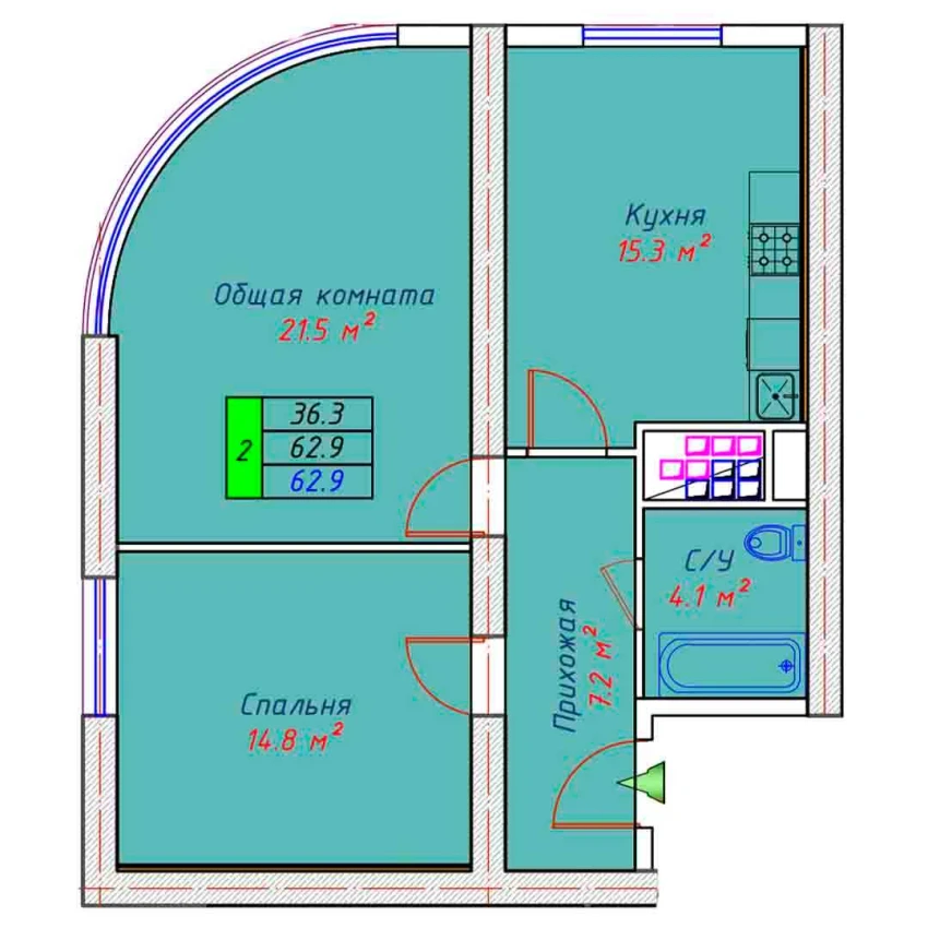 2-xonali xonadon 62.9 m²  9/30 qavat | ECO TOWER Turar-joy majmuasi