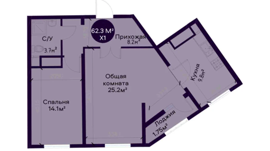 1-комнатная квартира 62.3 м²  4/4 этаж