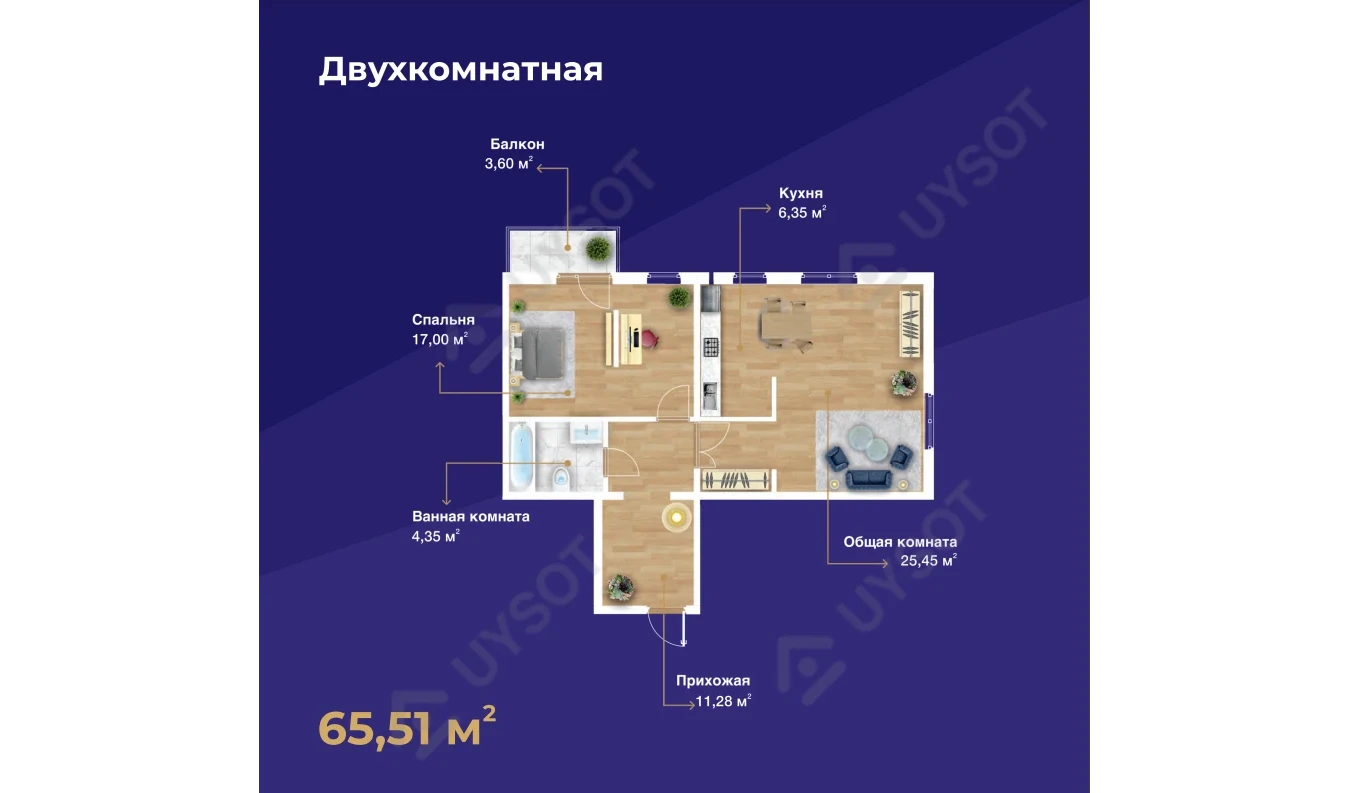 2-xonali xonadon 65.51 m²  2/2 qavat