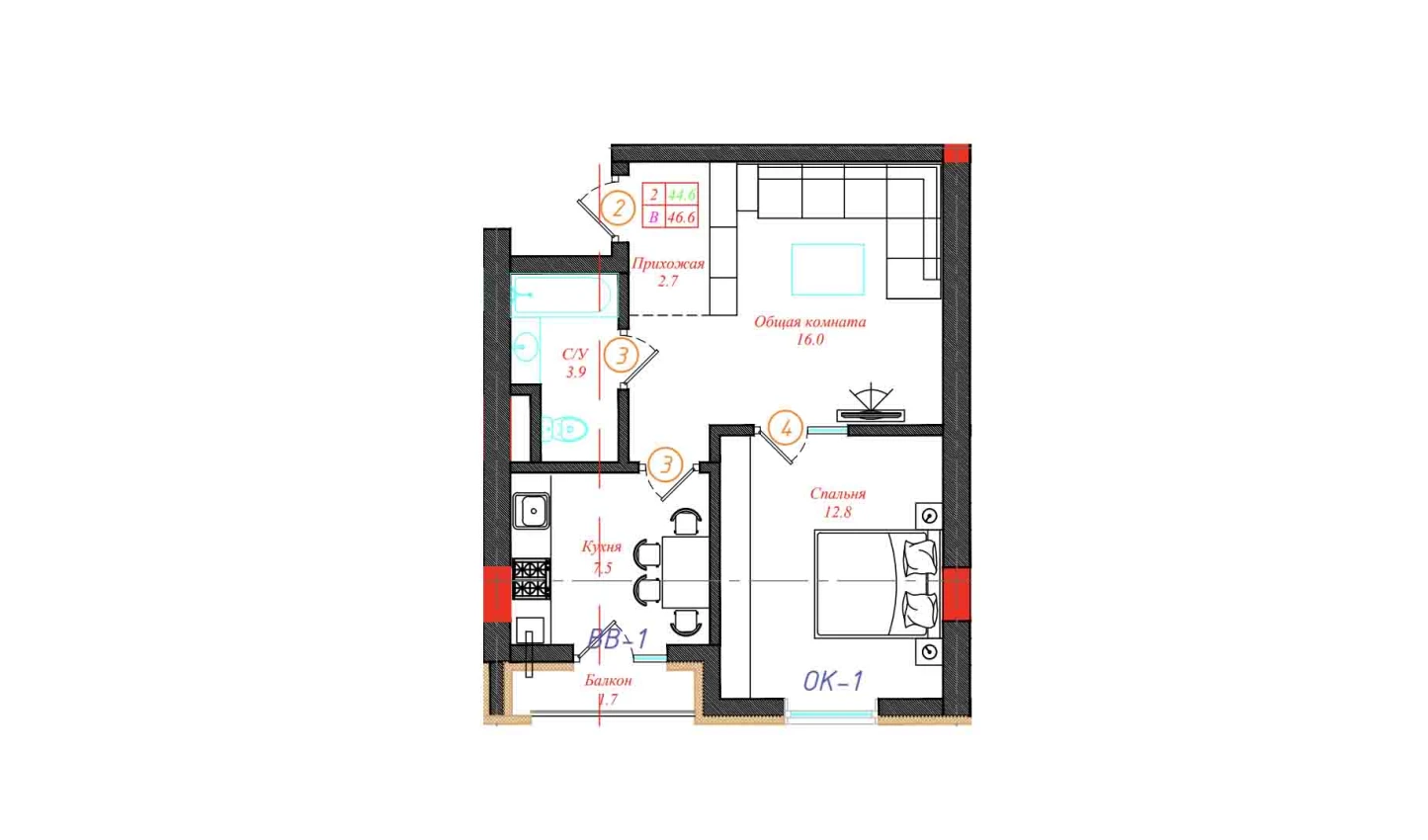 2-xonali xonadon 46.6 m²  3/12 qavat | CHINARA PARK Turar-joy majmuasi