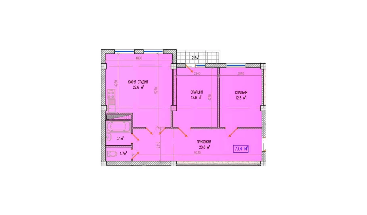 3-комнатная квартира 75.9 м²  3/3 этаж