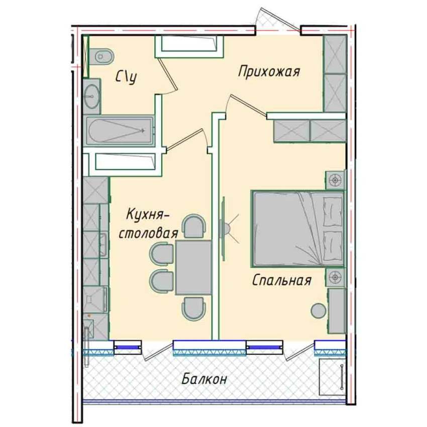 1-комнатная квартира 35.73 м²  6/6 этаж