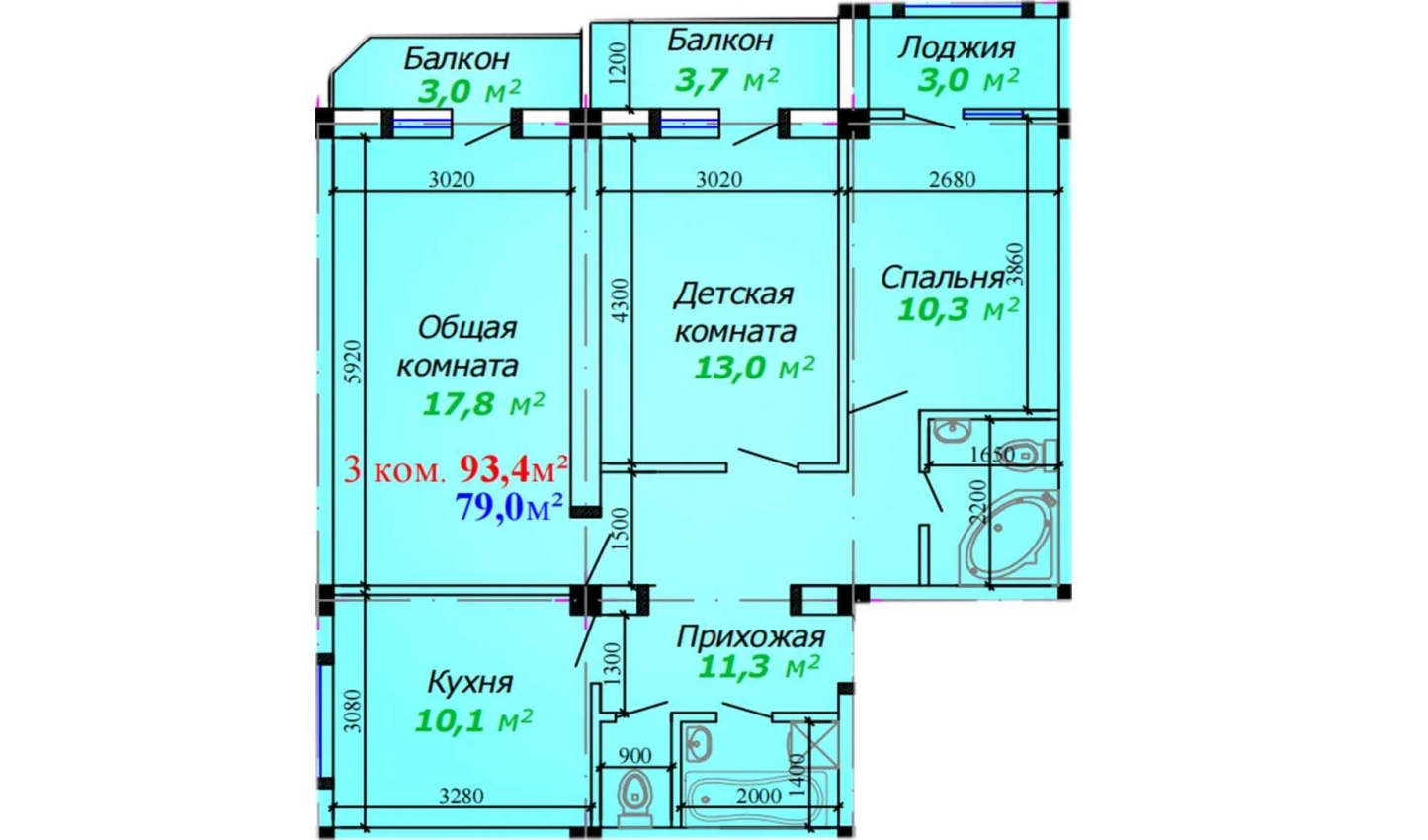 3-комнатная квартира 93.4 м²  2/2 этаж