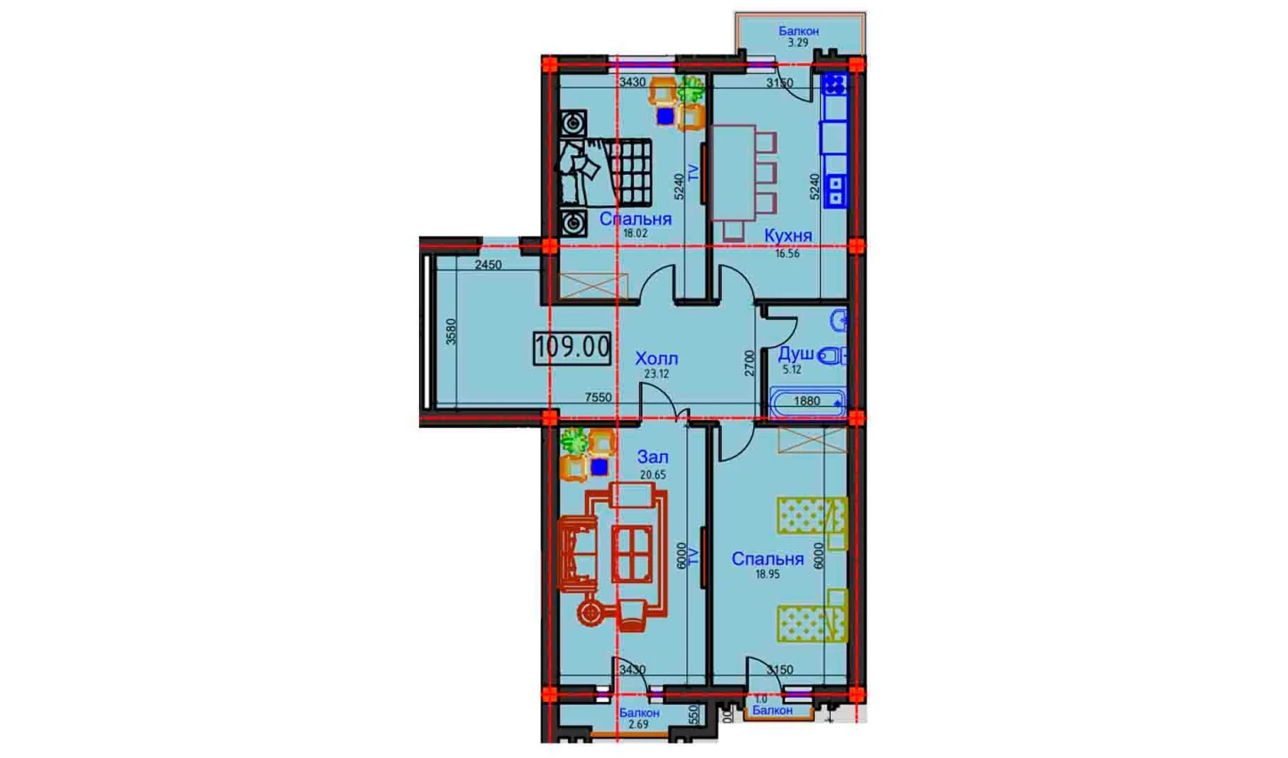 3-xonali xonadon 109 m²  6/6 qavat