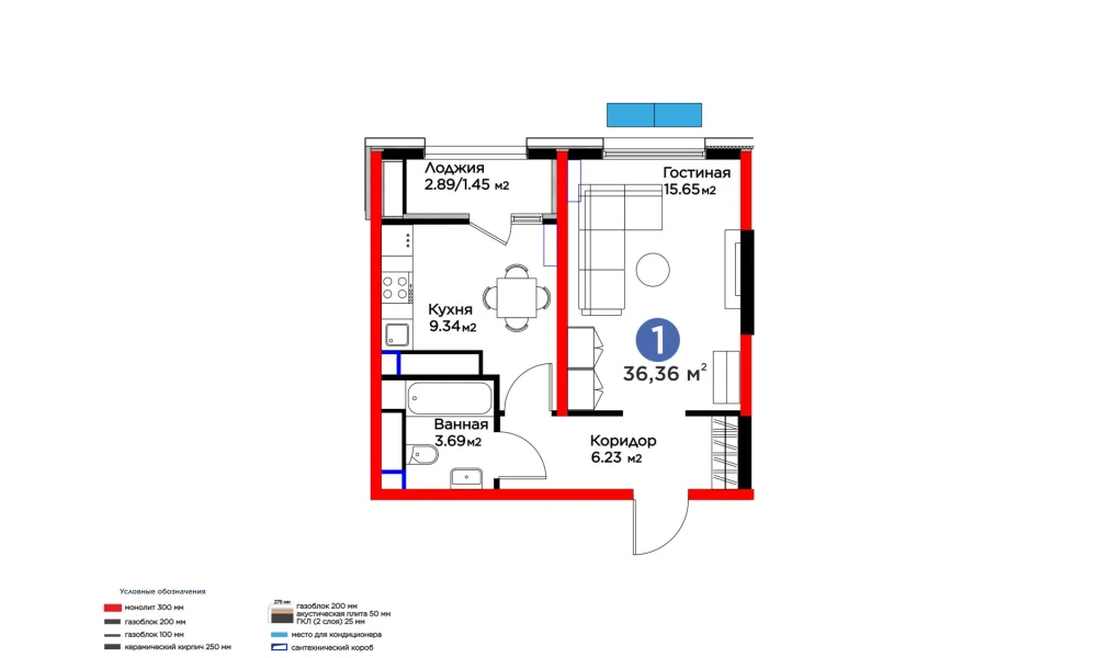 1-комнатная квартира 36.36 м²  16/16 этаж