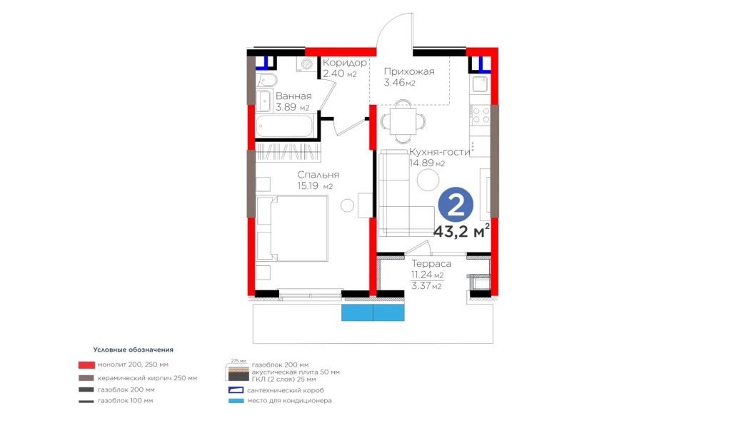 2-комнатная квартира 43.2 м²  3/3 этаж