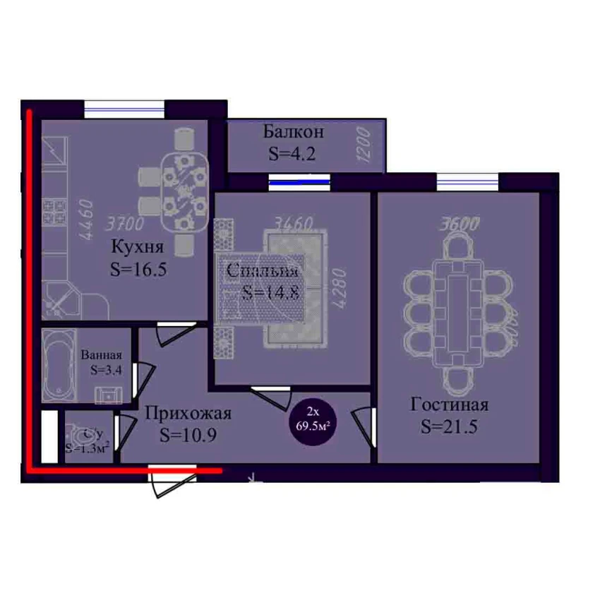 2-комнатная квартира 69.5 м²  2/2 этаж