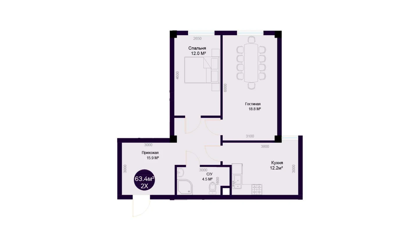 2-комнатная квартира 63.4 м²  1/1 этаж