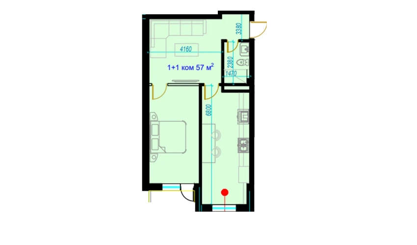 2-комнатная квартира 57 м²  6/6 этаж