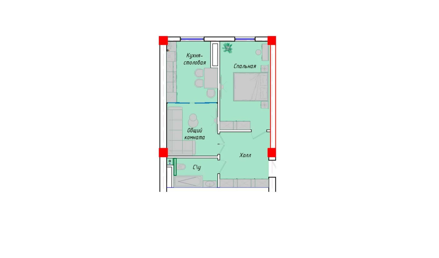 2-комнатная квартира 49.6 м²  1/1 этаж