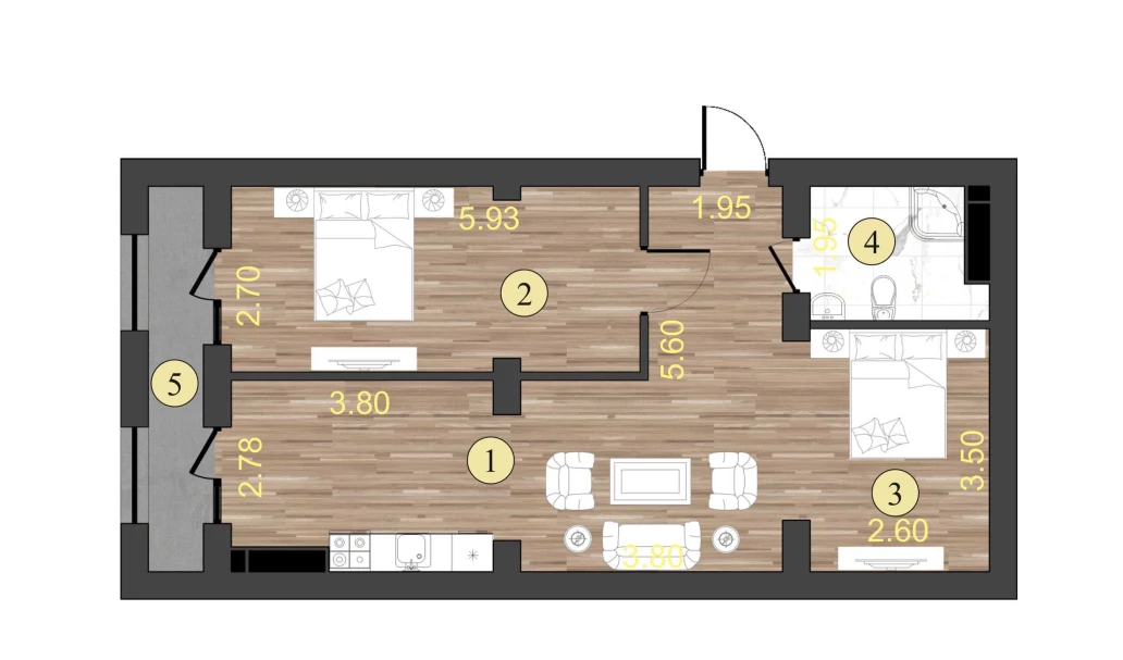 2-xonali xonadon 60.8 m²  1/1 qavat