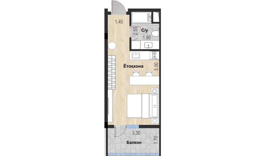 1-xonali xonadon 30.26 m²  3/7 qavat | Bochka Resort Turar-joy majmuasi