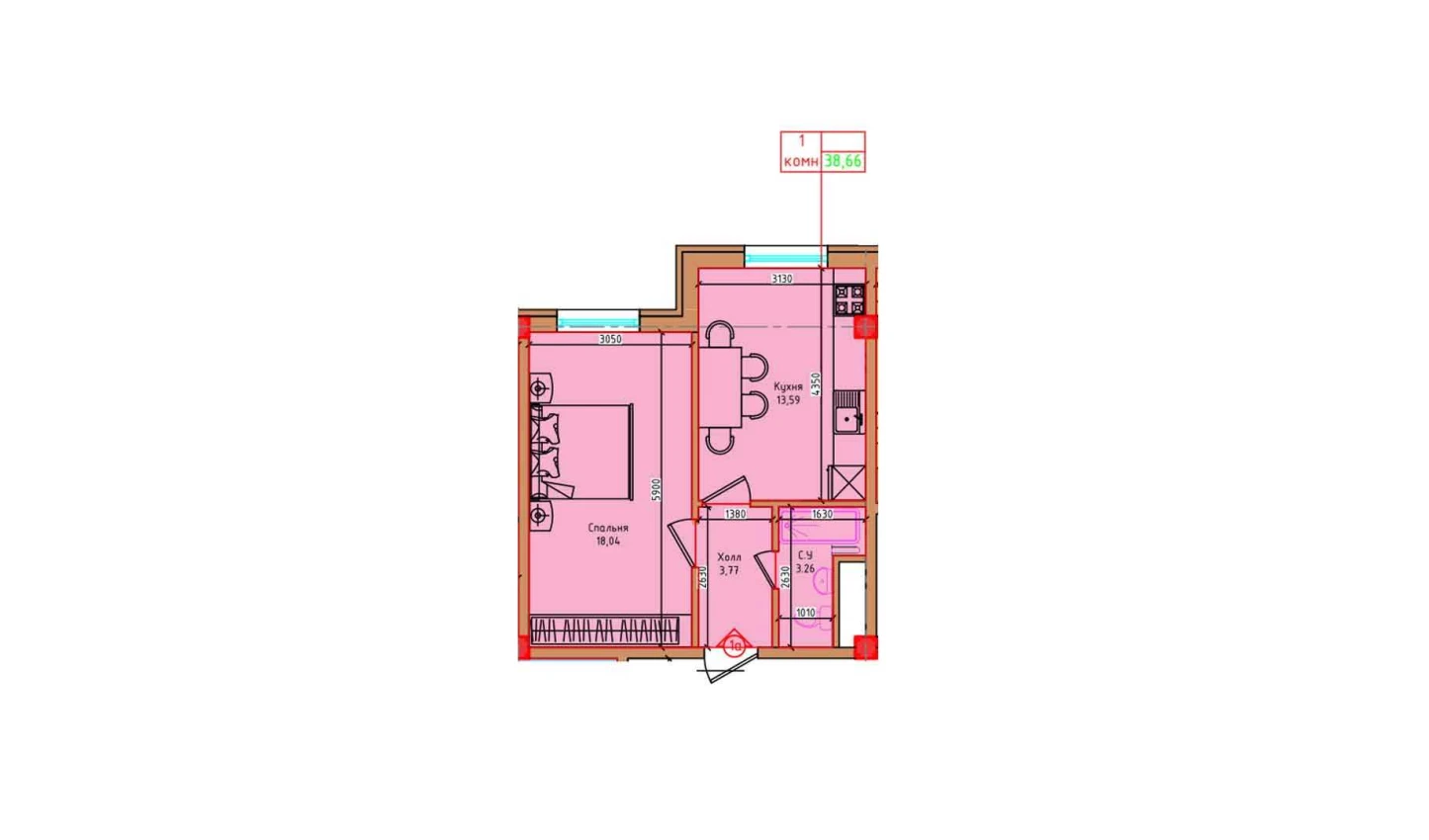 1-xonali xonadon 38.66 m²  8/8 qavat