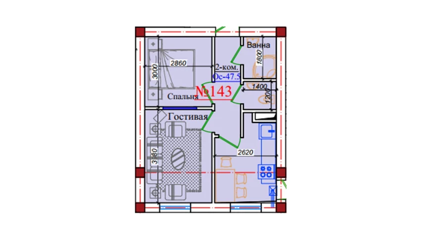 2-комнатная квартира 47.5 м²  2/9 этаж | Жилой комплекс ZAR ZAMONAVIY UYLAR