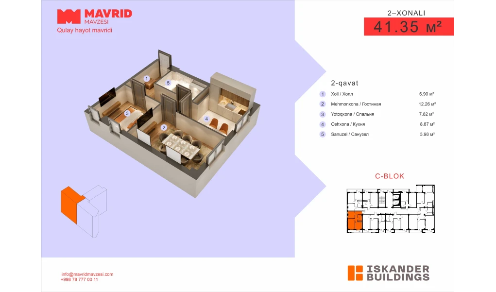 2-комнатная квартира 41.35 м²  2/2 этаж