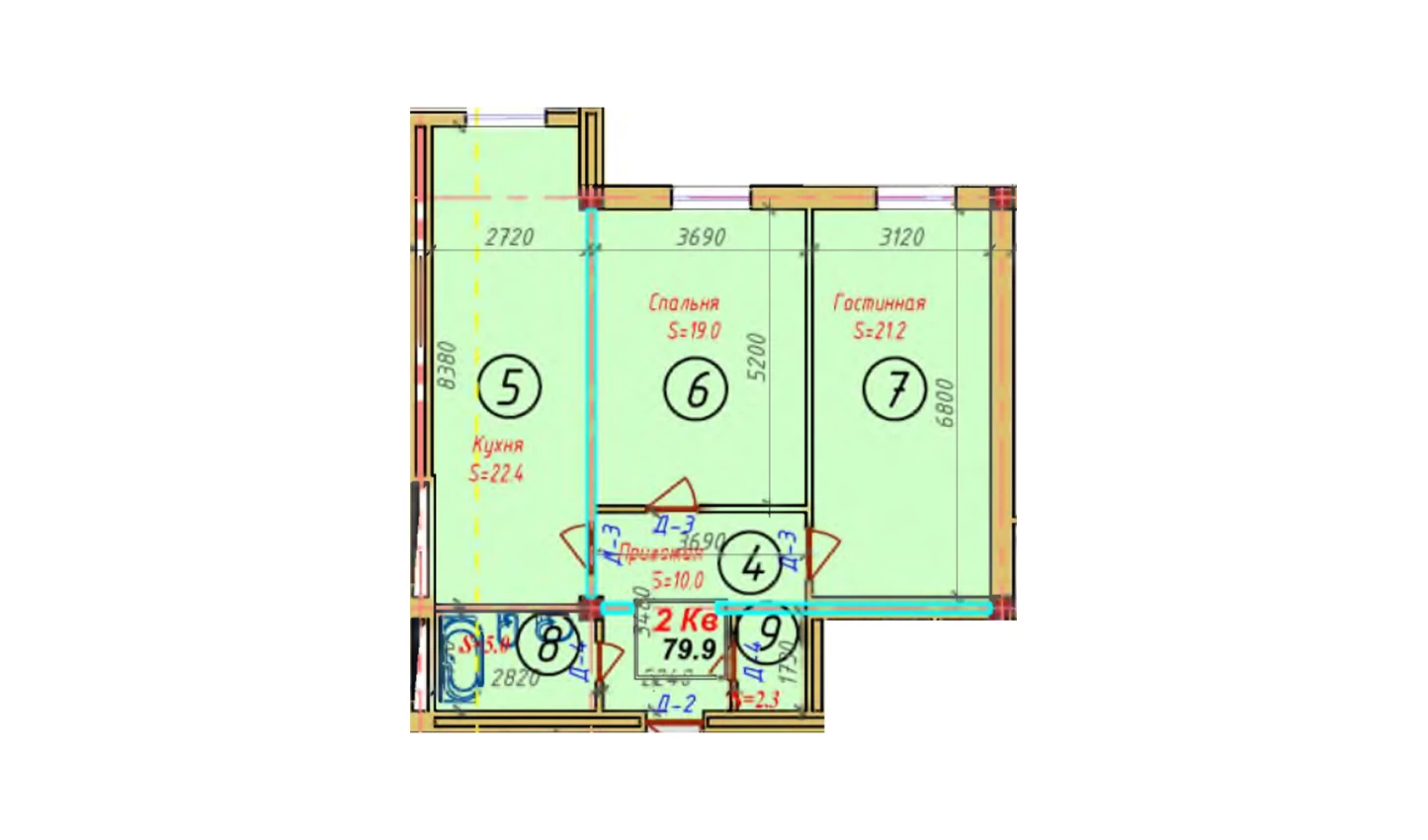 2-комнатная квартира 78 м²  9/9 этаж