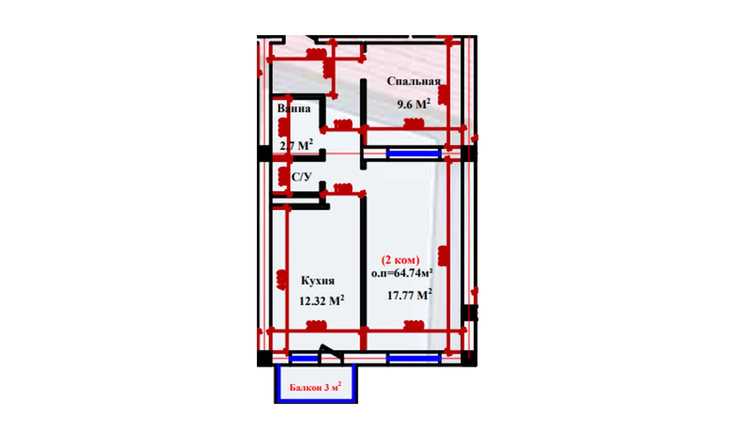 2-xonali xonadon 64.74 m²  1/1 qavat