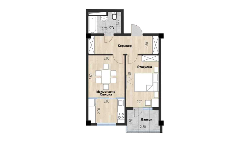 2-комнатная квартира 47.03 м²  6/7 этаж | Жилой комплекс Bochka Resort