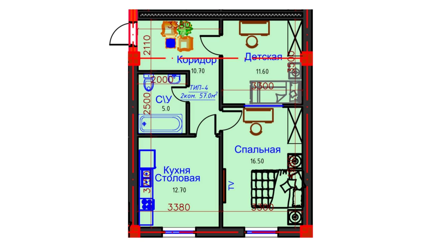 2-комнатная квартира 57 м²  1/1 этаж