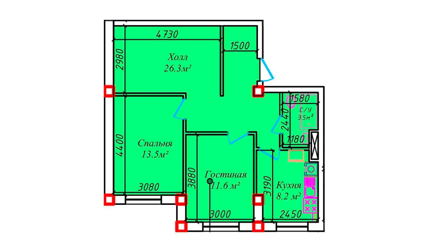 2-комнатная квартира 68 м²  1/1 этаж