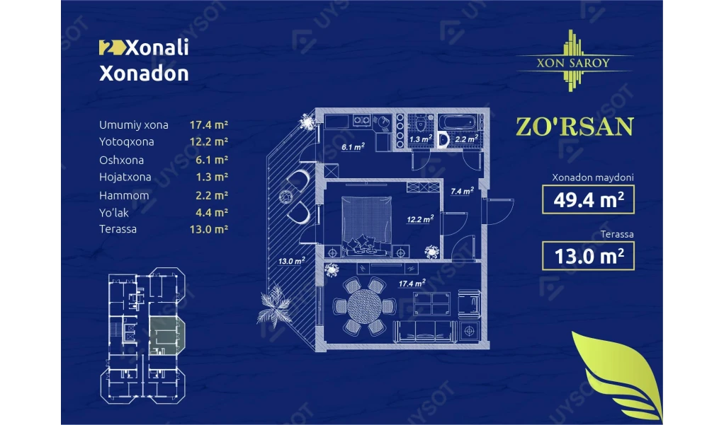 2-xonali xonadon 49.4 m²  15/15 qavat