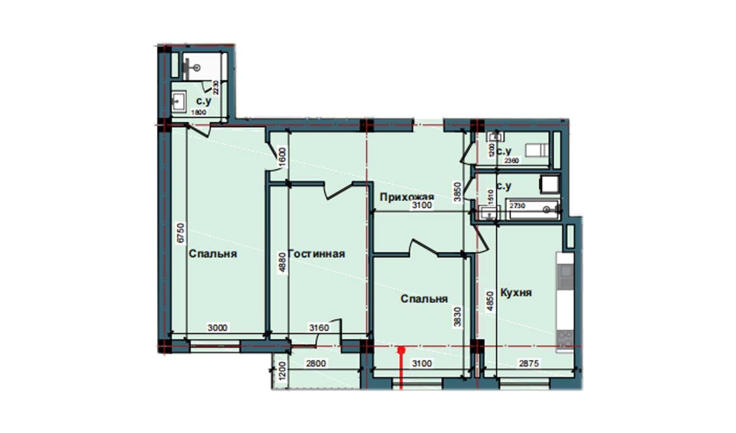 3-комнатная квартира 98.4 м²  3/3 этаж