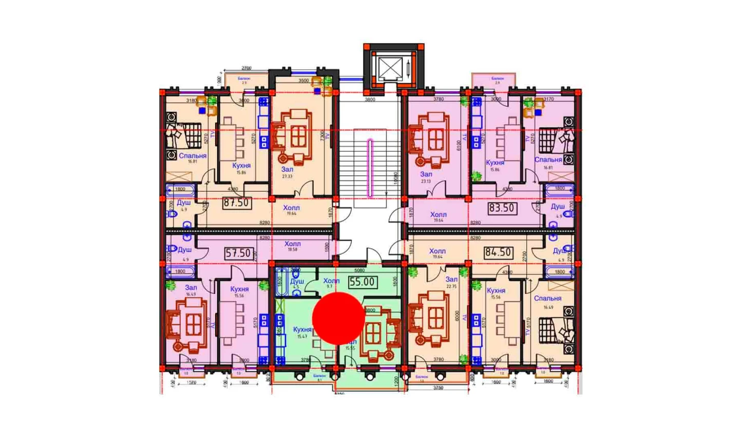 1-комнатная квартира 55 м²  8/8 этаж