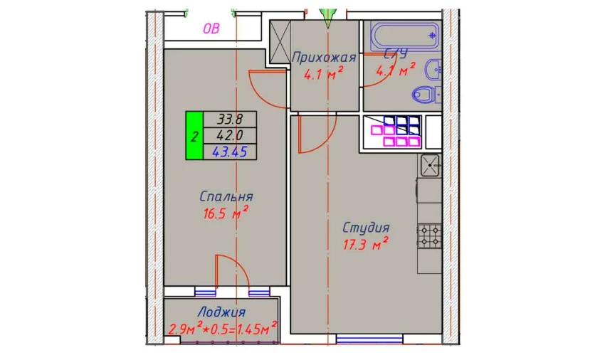 2-комнатная квартира 43.45 м²  20/30 этаж | Жилой комплекс ECO TOWER